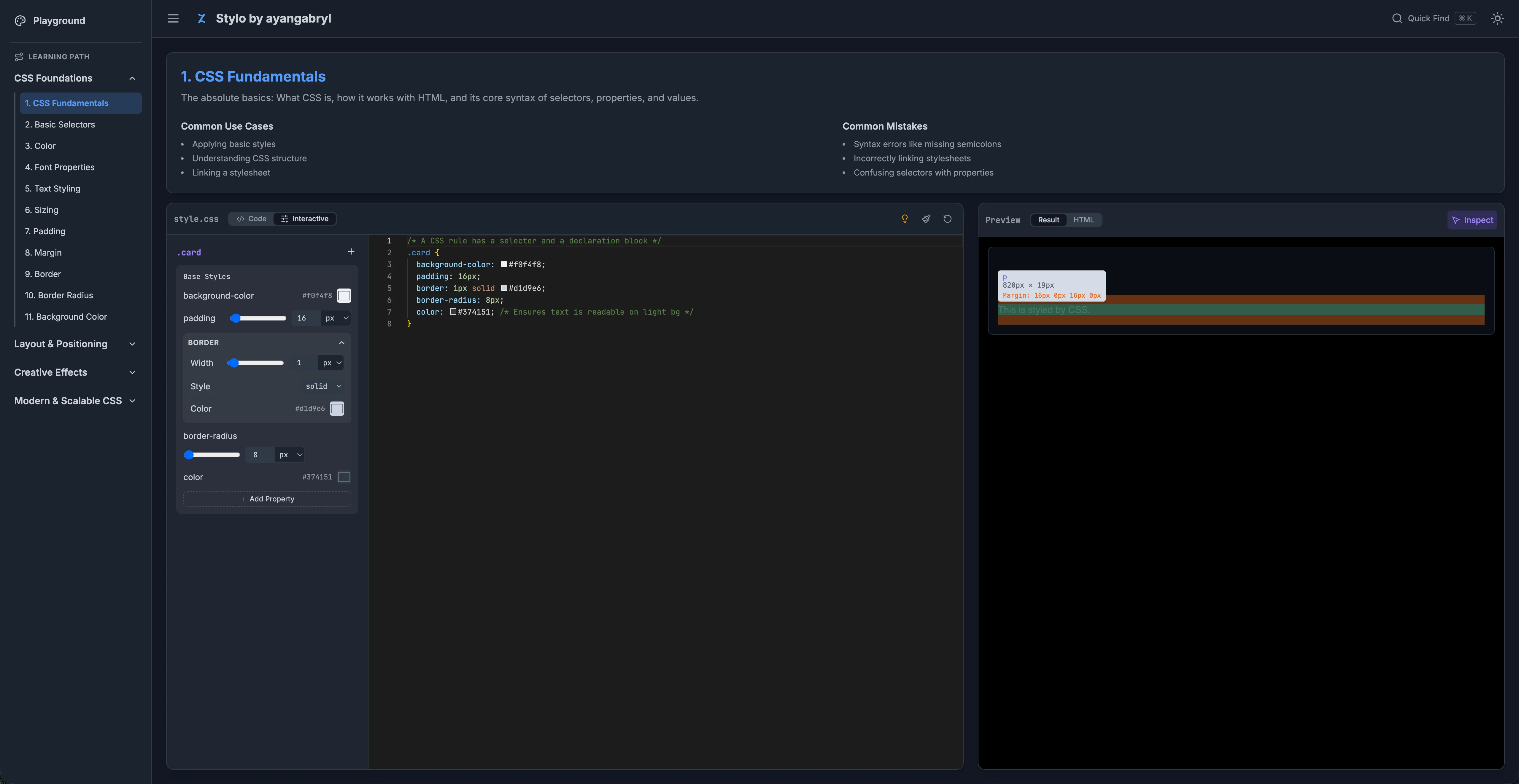 Stylo visual CSS controls synced to live code