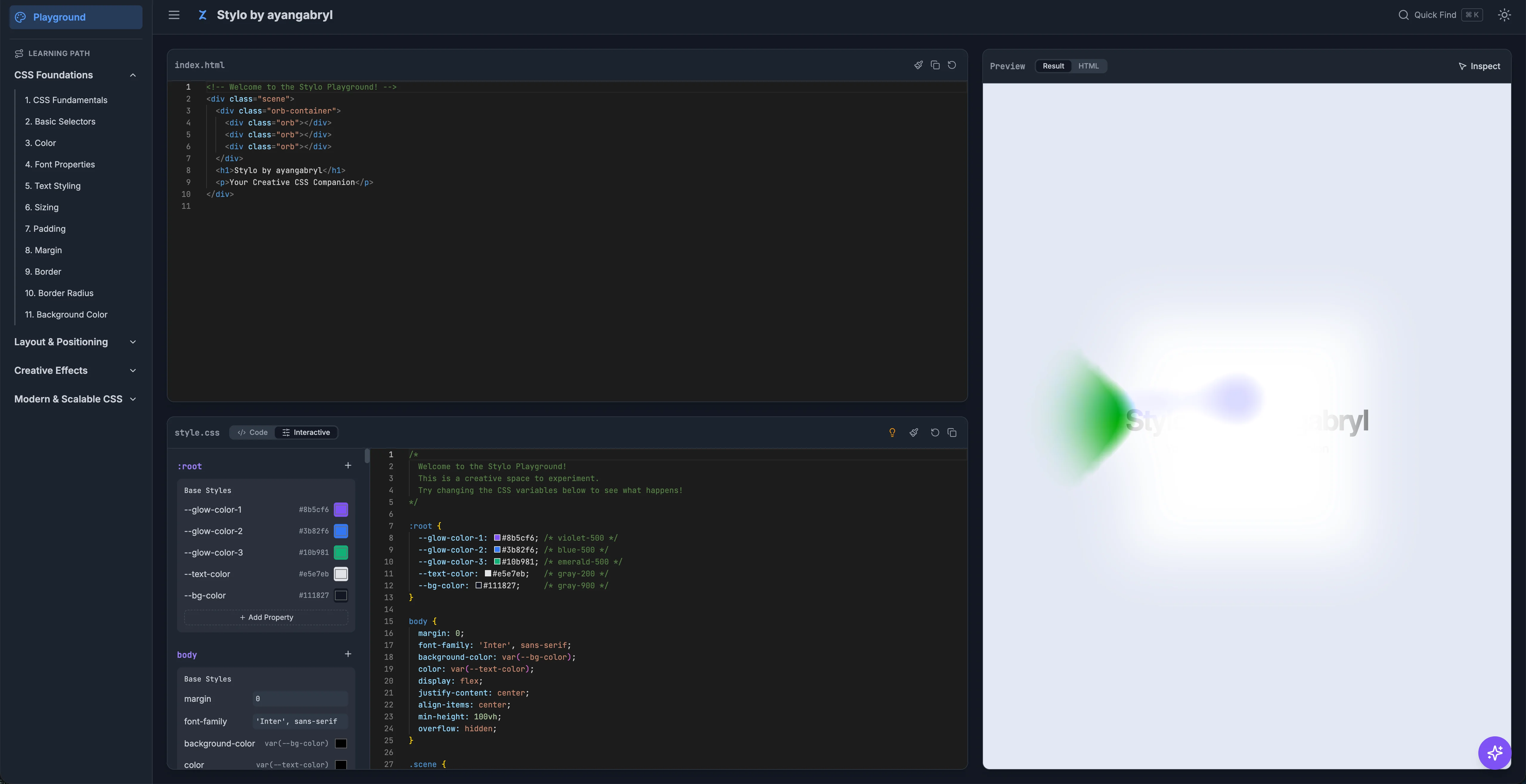 Stylo guided lessons and browser playground