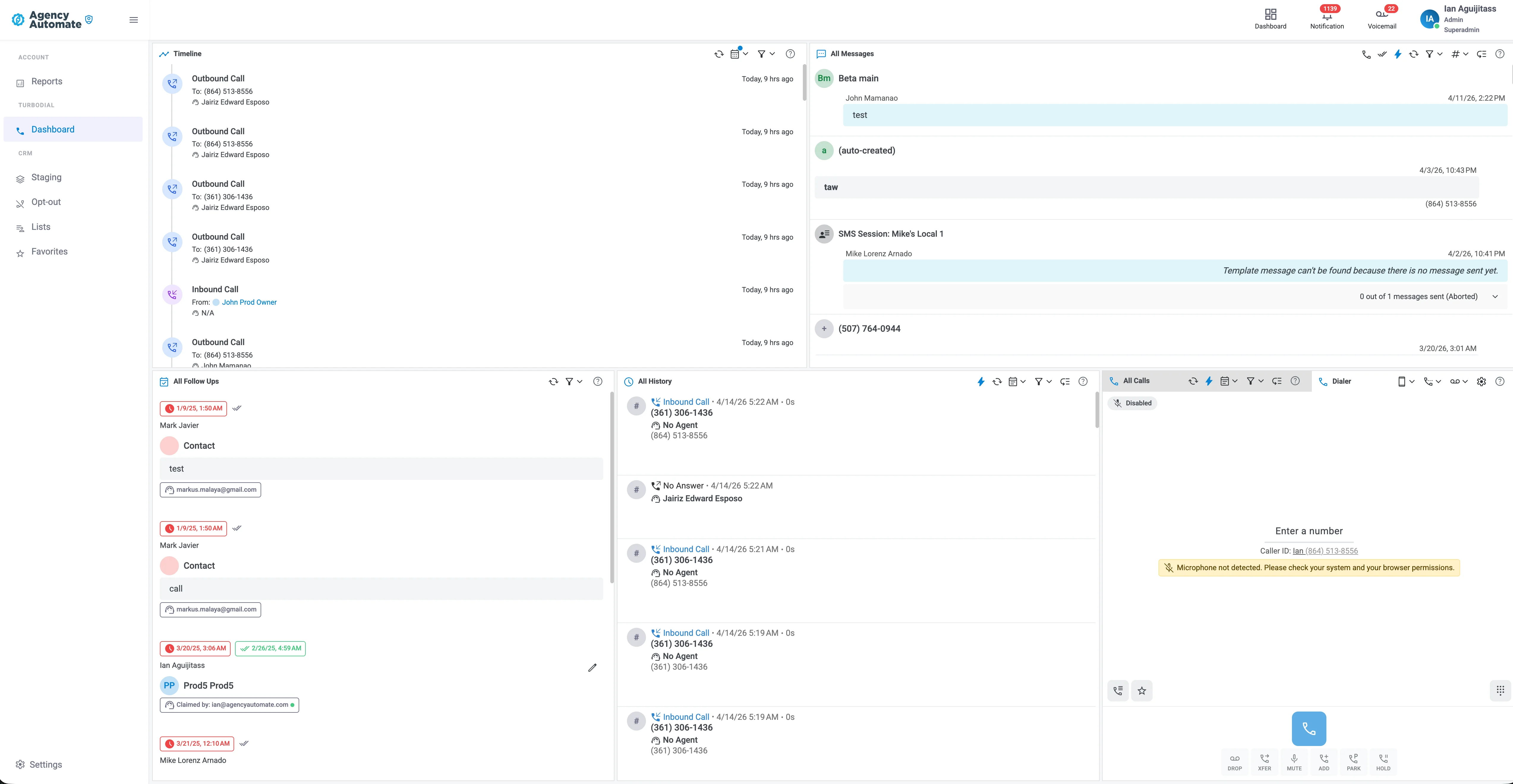 TurboDial dialing workspace with SMS and call controls